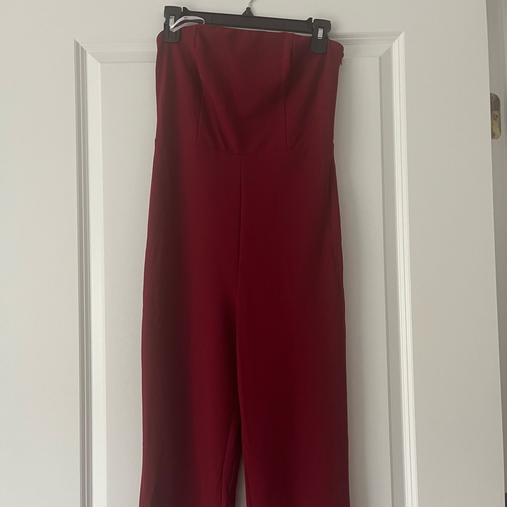 Lulu's Red Strapless Jumpsuit with Wide-Leg Design